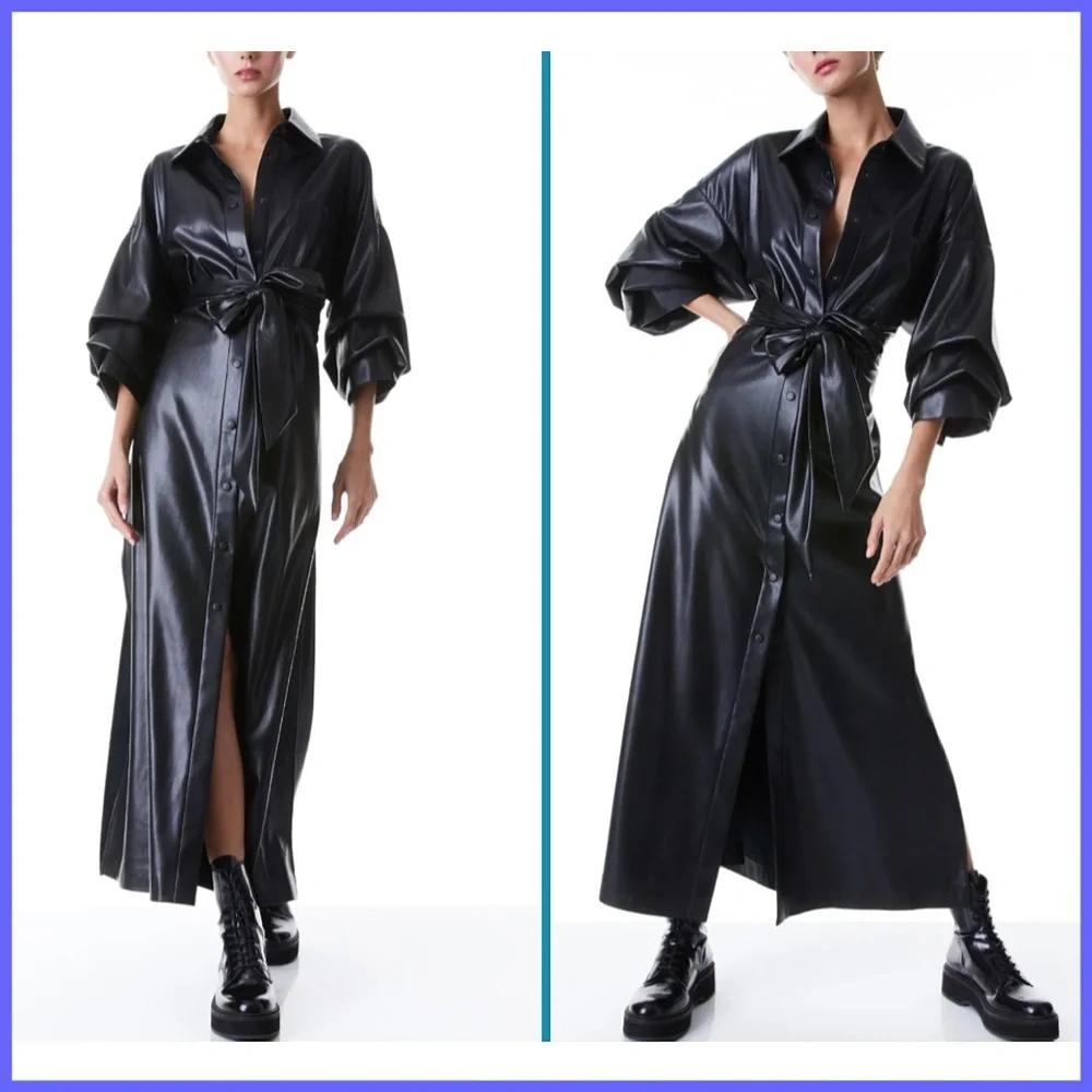 Alice + Olivia Tanika Vegan Leather Button Front Collared Black Maxi Dress - Picture 13 of 15